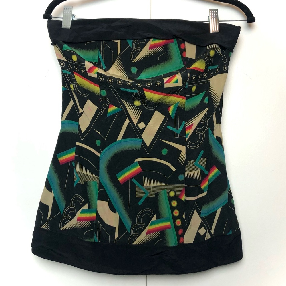 Bergdorf Goodman Vintage Silk Strapless Blouse with Rainbow On Black Print
